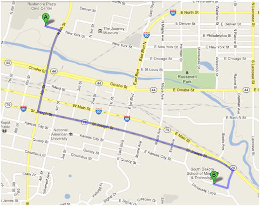 Map for the Civic Center to Campus